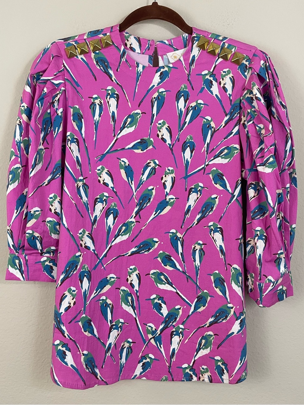 NEW Sheridan French Amy Blouse in Pink Birds Print Puff Sleeves Studded Top S